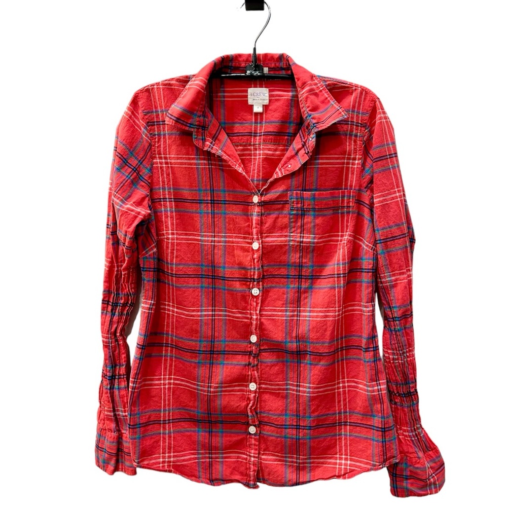 J CREW Perfect Fit Red Plaid Long Sleeve Button Up Shirt Size Small